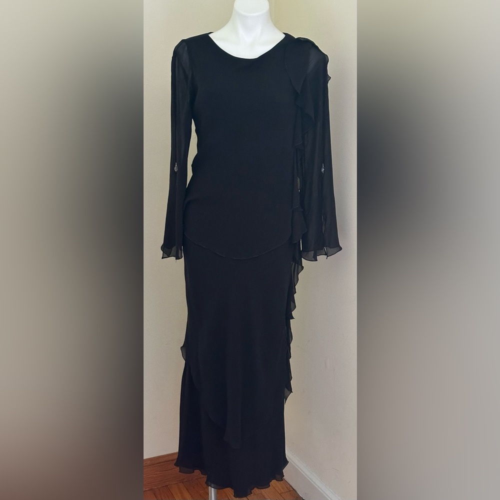 VINTAGE SILK Black, Sheer Ruffled, Asymmetrical Evening Dress Sz M